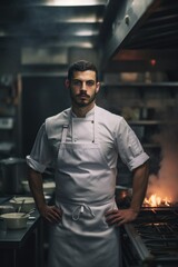 A man standing in a kitchen next to a stove. Ideal for home and cooking concepts