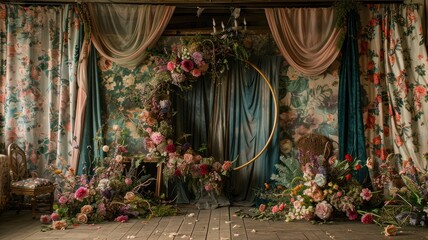 a large hoop adorned with flowers, set against a vintage backdrop featuring floral curtains and a wooden floor.