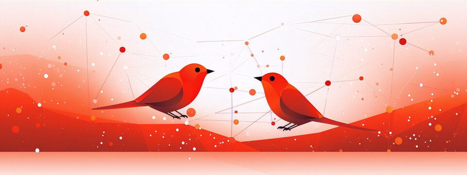 Two polygonal parrots in front of a geometric background with vibrant colors.