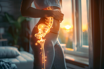 Pain concept - female suffering from hip pain, pain is visualized with glowing bones - obrazy, fototapety, plakaty