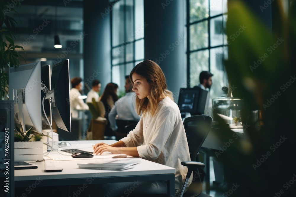 Poster woman sitting at desk using computer. suitable for technology concept