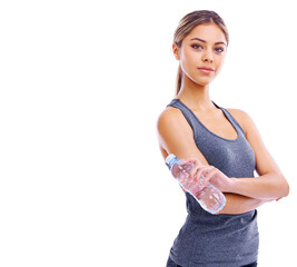 Happy woman, portrait and fitness with water bottle for hydration, workout or exercise on a white studio background. Female person or athlete with smile and natural mineral drink on mockup space