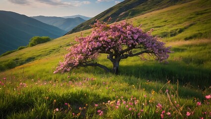 Beautiful spring landscape with blooming  tree in the mountains.