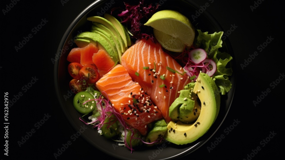 Poster various types of food in a black bowl, versatile for multiple uses