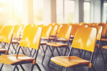 Rows of yellow chairs in a classroom, suitable for educational concepts - obrazy, fototapety, plakaty