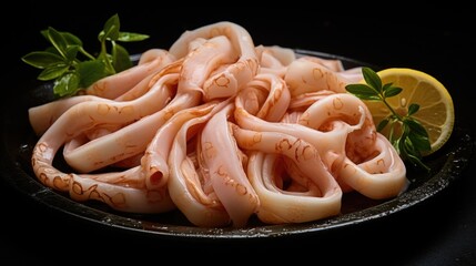 Plate of squids served with a lemon wedge. Perfect for seafood lovers