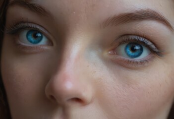 Close up fashion portrait of seductive sexy woman with big blue eyes ,full lips , prefect skin and long fluffy curled hairstyle. Natural make up.