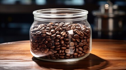A jar filled with coffee beans on a wooden table. Perfect for coffee shop or kitchen decor