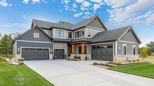 New construction home exterior with contemporary house plan features gray wood siding, stone columns and two garage spaces