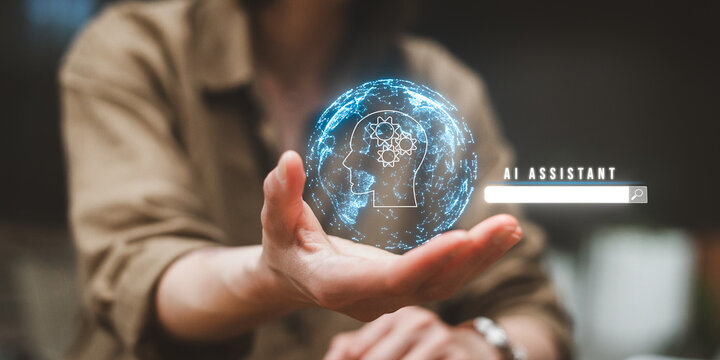 Holographic AI Assistant in Human Hands, Innovative technology, intelligent searching concept