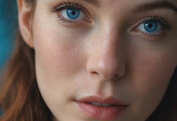 Close up fashion portrait of seductive sexy woman with big blue eyes ,full lips , prefect skin and long fluffy curled hairstyle. Natural make up.