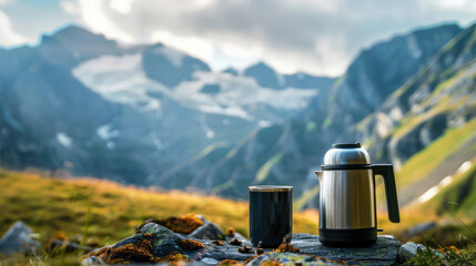 A mug and a thermos for a tourist on a background of mountains - obrazy, fototapety, plakaty