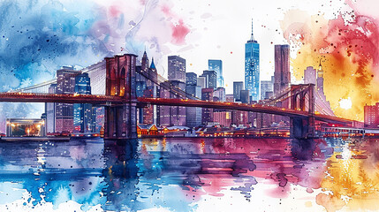 Watercolor touristic postcard, view of Brooklyn Bridge