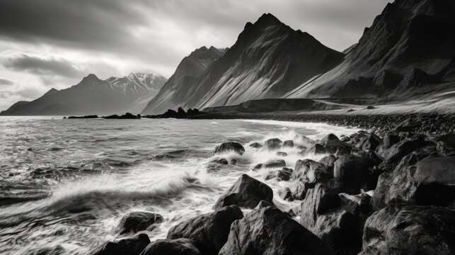 A stunning black and white photo of a rocky beach. Perfect for nature and landscape designs
