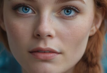 Obraz premium Close up fashion portrait of seductive sexy woman with big blue eyes ,full lips , prefect skin and long fluffy curled hairstyle. Natural make up.