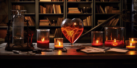 Obraz premium A glowing heart-shaped object sits on a wooden table in a dark library.