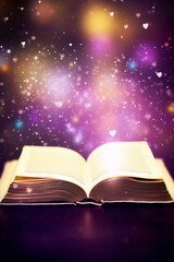 Fantasy book with glowing pages and hearts on a purple background