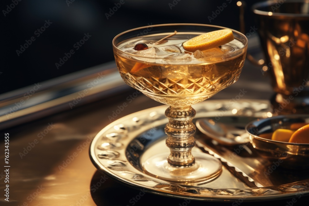 Poster a glass filled with a drink on a silver tray. suitable for various concepts