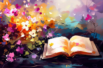 Oil painting of a still life with an open book and colorful flowers in the background. - obrazy, fototapety, plakaty