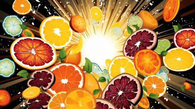 Colorful exploding fruits bursting with flavor background, dynamic pop art concept, food banner