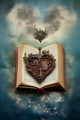 Fantasy book cover with a steampunk heart-shaped locket with gears and a flying city above an open book.