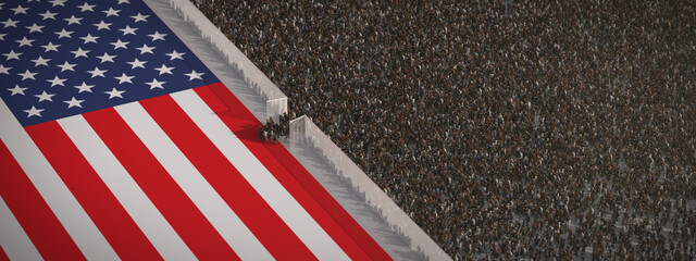 Lots of refugees at the open border to the USA with a high fence and the american flag.