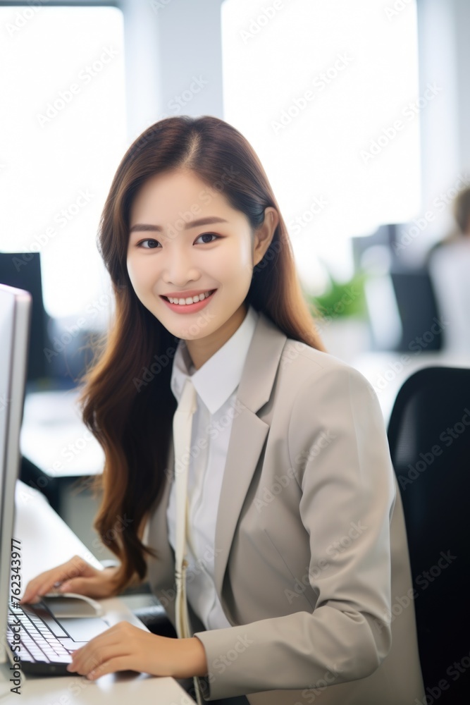 Poster A woman sitting at a desk in front of a computer. Suitable for business concepts