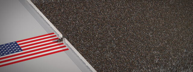 Lots of refugees at the open border to the USA with a high fence and the american flag.