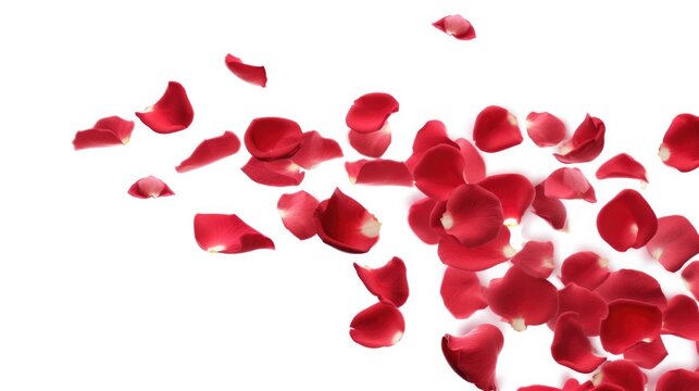 Red rose petals flying in the air, perfect for romantic designs