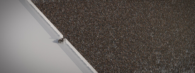 Lots of refugees at an open border with a high fence.