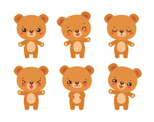 Cartoon cute bear kawaii style emoji icons. Fun brown bear cub character for kids. Chibi anime woodland animal vector illustration. Fun facial expressions - calm, laughing, smiling, waving, winking.
