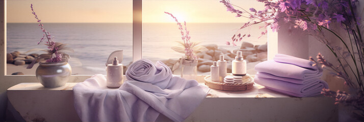 Bath towels and toiletries by the window overlooking the ocean at sunset in shades of purple. - obrazy, fototapety, plakaty