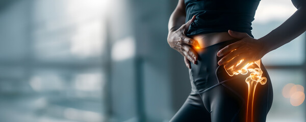 Pain concept - female suffering from hip pain, pain is visualized with glowing bones - 762344188