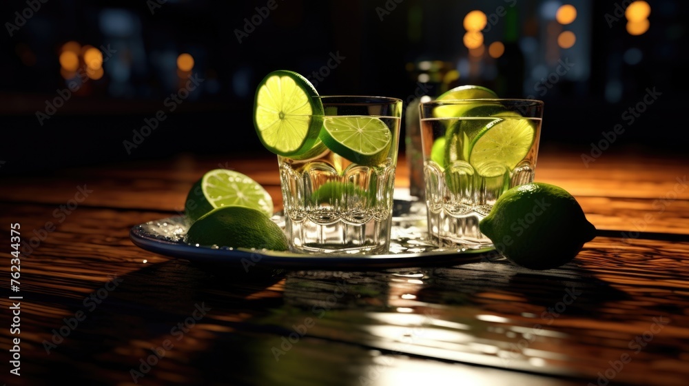 Poster Refreshing water with lime slices on a serving tray. Perfect for food and beverage concepts