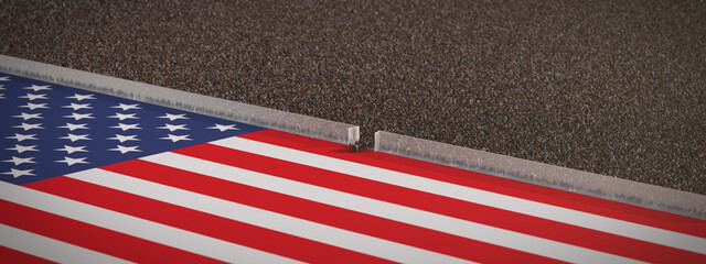 Lots of refugees at the open border to the USA with a high fence and the american flag.