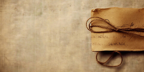 Vintage paper letter or manuscript tied with rope on sackcloth background - obrazy, fototapety, plakaty