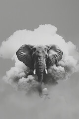 portrait of a elephant in foggy cloud. isolated black and white, African concept