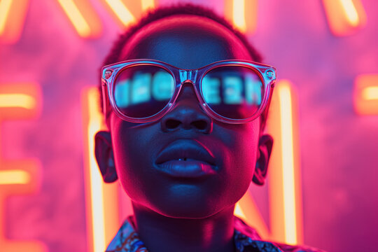 African American artist boy, stylish music performer wearing fashionable glasses that reflect neon light. Young R&B performer, rapper, soul singer. Talented boy artist concept