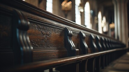 A row of wooden benches in a church. Suitable for religious or spiritual themes - obrazy, fototapety, plakaty