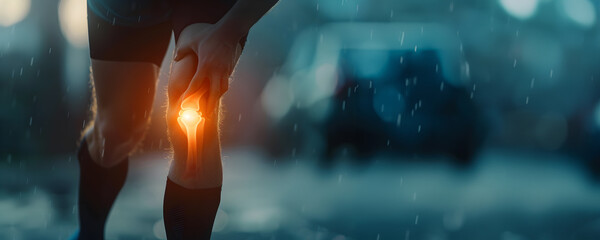 Pain concept - athlete suffering from knee pain, pain is visualized with glowing bones