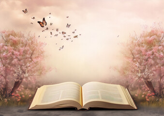 Pink flowers and butterflies in a surreal landscape with an open book in the foreground. - obrazy, fototapety, plakaty