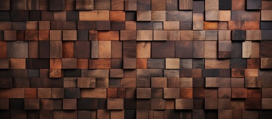 A close up of a brown wooden wall with rectangular squares, showcasing the beautiful pattern and symmetry of the building material. Perfect for flooring or brickwork