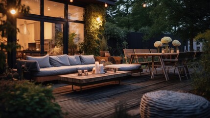 A cozy patio setup with a couch, table, chairs, and candles. Perfect for outdoor relaxation and entertainment - obrazy, fototapety, plakaty