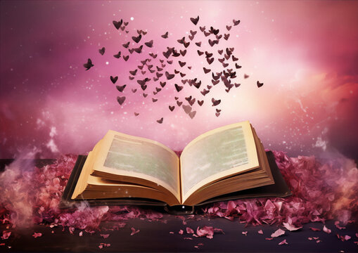 Pink and purple fantasy book with hearts on a table with pink flower petals.