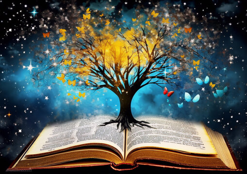 Fantasy illustration of a tree with golden leaves growing from an open book against a starry night sky.