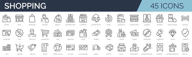 Set of 45 outline icons related to shopping. Linear icon collection. Editable stroke. Vector illustration