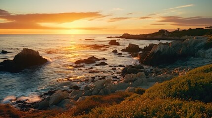 A beautiful sunset scene over the water and rocks. Suitable for travel and nature themes