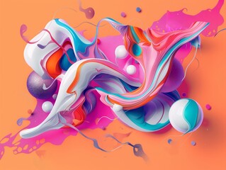 Vivid abstract artistic design with flowing shapes and splashes on an orange background capturing a sense of movement and vibrancy.