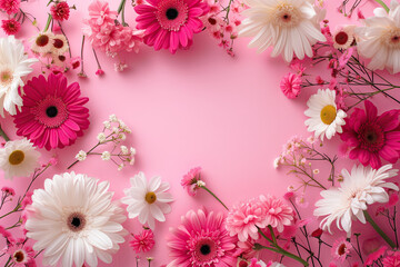 Pink gerberas and white daisies lie symmetrically on a pink background with space for text in the center. Floral poster of pink and white flowers. Concept for congratulations