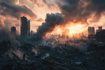 Ruined cityscape with a rising smoke cloud sunset ambiance - obrazy, fototapety, plakaty